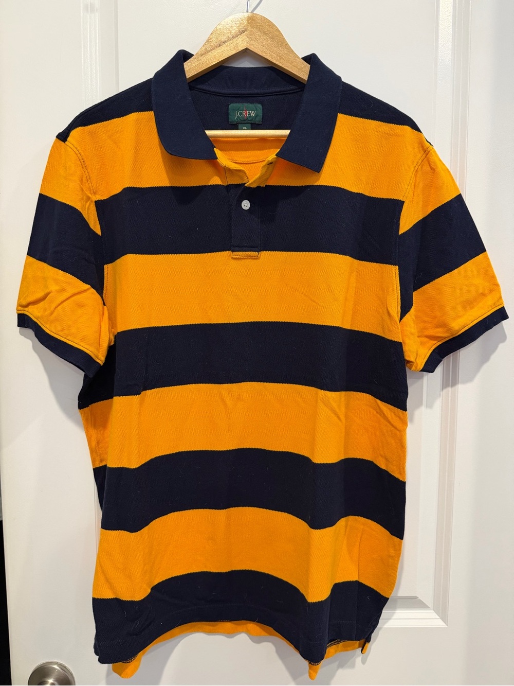 J. Crew Men’s Navy & Orange Rugby Striped Pique Polo